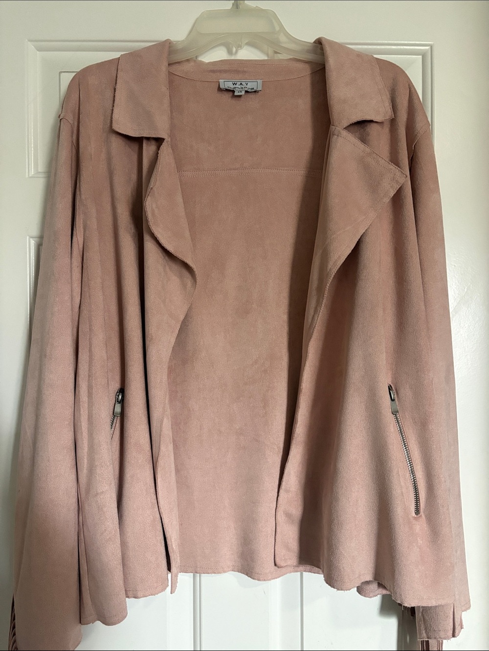 W.A.Y Blush Pink Open Draped Like Suede Fringe Jacket